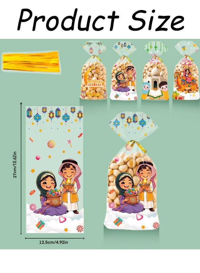 100 قطعة من أكياس السيلوفان المربعة المخصصة للمهرجانات مع أربطة ذهبية ملتوية، وأكياس حلوى بتصميم كرتوني للأعياد والحفلات وأعياد الميلاد للأطفال وتغليف الهدايا اليدوية واحتفالات العيد - Image 2